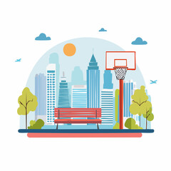 Fototapeta premium Urban Park Scene with Basketball Hoop and City Skyline