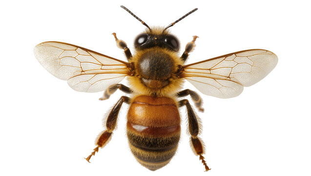 Detailed honey bee with transparent wings, isolated on transparent background