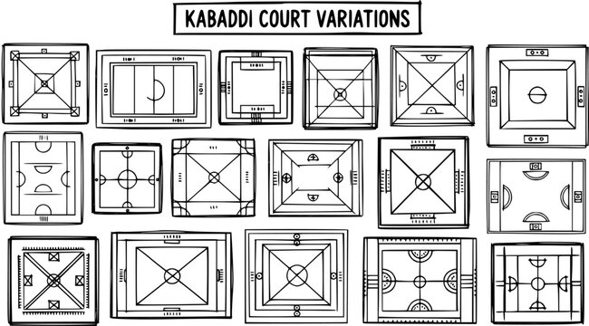 Black and White Line Art of Kabaddi Court Variations