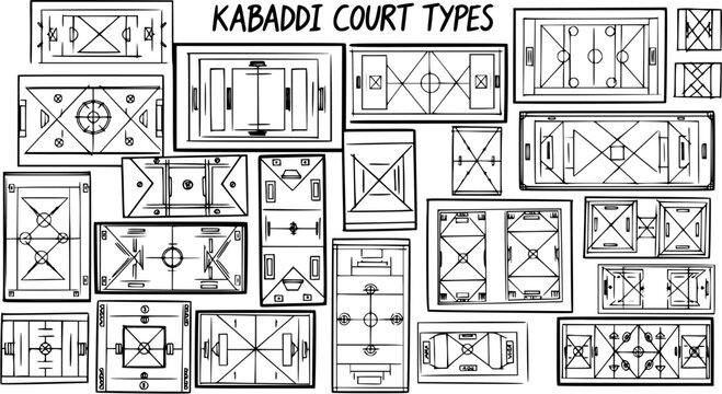 Kabaddi Court Types Black and White Line Art Sports Game Field Diagrams