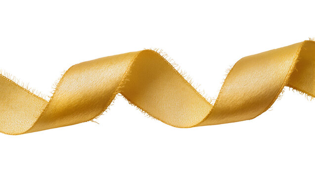 Golden satin ribbon with frayed edges, isolated on transparent background
