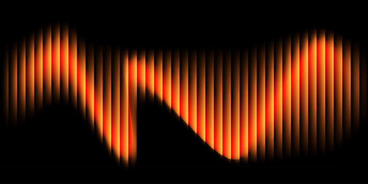 Warm glowing vertical bars pulse rhythmically against deep black. Soft orange hues shift in gentle motion, suggesting energy flow. Vibrant light waves convey motion, heat, or sound energy