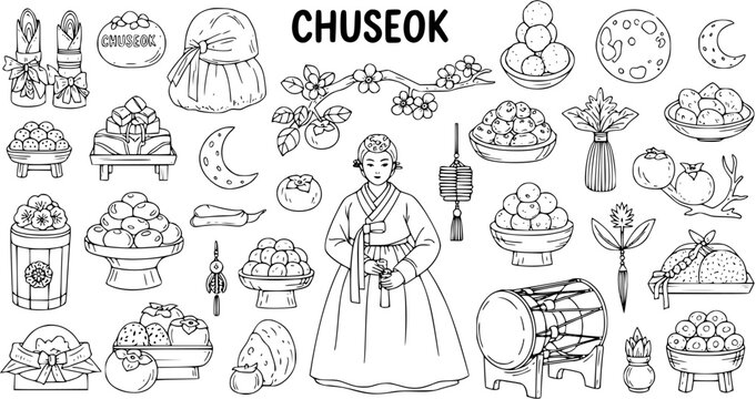 Chuseok Korean Thanksgiving Line Art: Woman, Songpyeon, Mooncake, Drum, Harvest Food, Korean Culture
