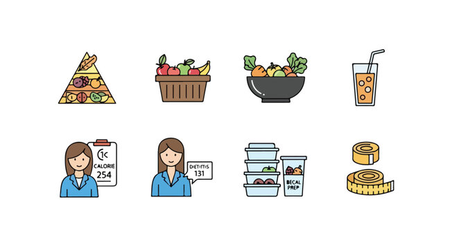 Physical therapy equipment icons set, medical rehabilitation tools for recovery. 8 vector illustrations of wheelchair, walker, treadmill, and prosthetic leg