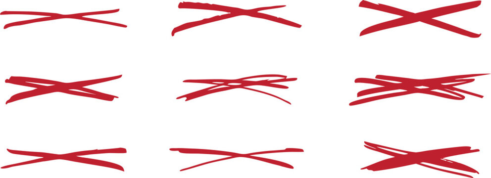 Abstract red cross mark collection featuring hand drawn brush strike symbols in edgy styles. Dynamic grunge graphics suit warning signs branding posters and modern design projects. Clean vector 