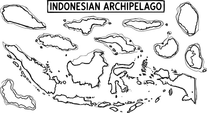 Hand-Drawn Black and White Outline Map of the Indonesian Archipelago for Geography Education