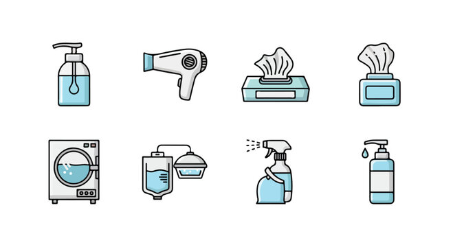 Physical therapy equipment icons set, medical rehabilitation tools for recovery. 8 vector illustrations of wheelchair, walker, treadmill, and prosthetic leg