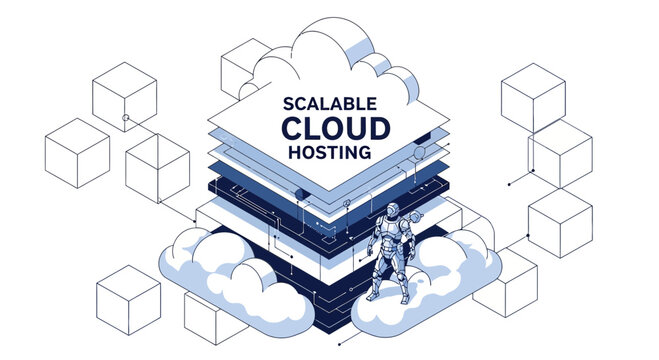 Scalable Cloud Hosting Isometric Illustration with Robot and Network