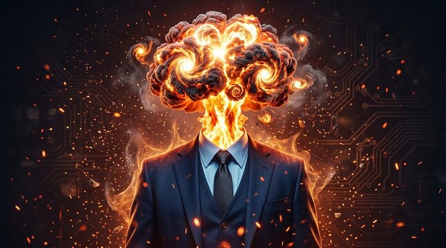 A person in a business suit with their head exploding in a fiery, orange and red mushroom cloud, symbolizing extreme stress or a burst of ideas.
