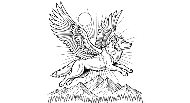 Flying winged wolf soaring over mountain landscape line art.