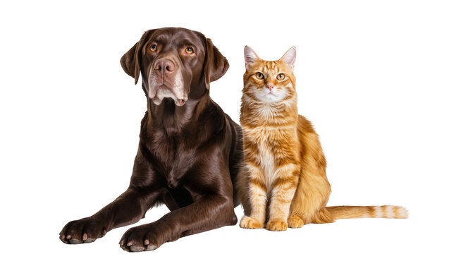 Brown Labrador dog and orange tabby cat sitting together, isolated on transparent background