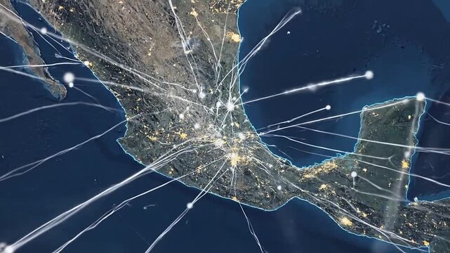 Digital network connections spanning across a dark planetary surface map