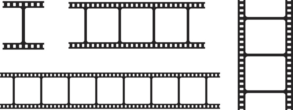 Vintage film strip collection featuring cinematic frame borders and retro movie reel templates. Classic entertainment graphics suit photography branding video editing and media design projects. Modern