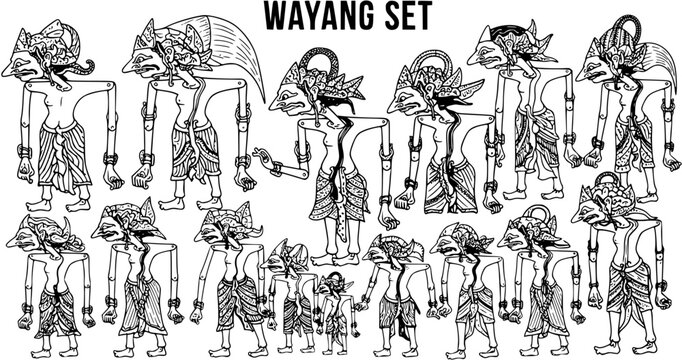Traditional Indonesian Culture Wayang Shadow Puppets Set - Black and White Line Art Characters for Performance.