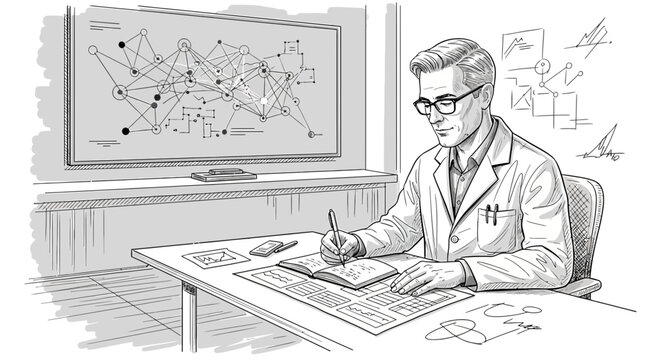Scientist or researcher working at desk with complex diagram on blackboard