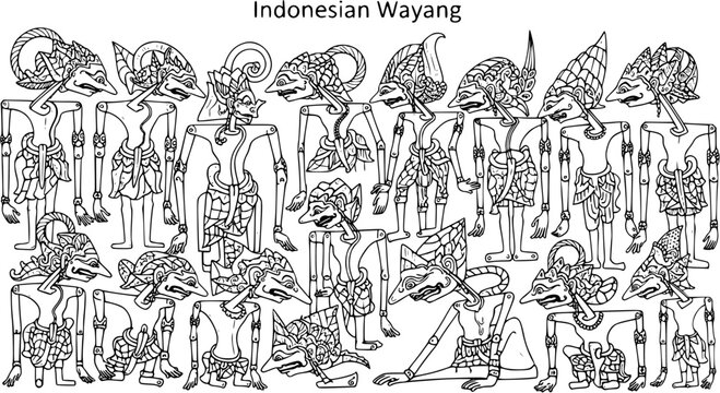 Indonesian Wayang Traditional Characters Vector Line Art. Black and White Outline Illustration of Javanese Puppets for Culture, History, and Mythology.