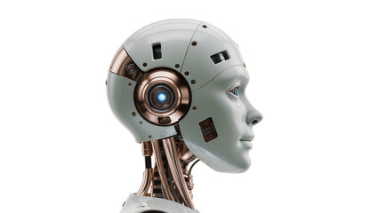 Humanoid robot head with blue glowing eye, isolated on transparent background © Hans