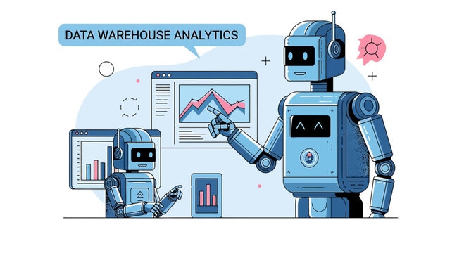 Robots analyze data warehouse analytics, business intelligence, charts, graphs