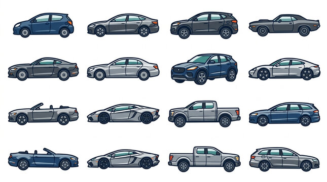 Collection of diverse car models in pixel art style.