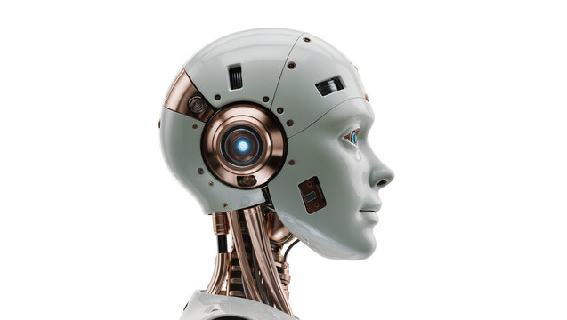 Humanoid robot head with blue glowing eye, isolated on transparent background
