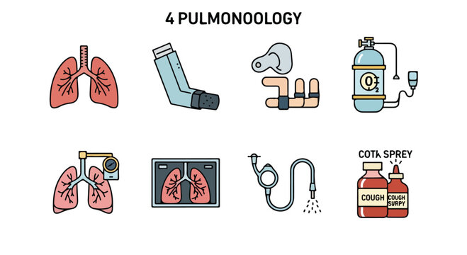 Physical therapy equipment icons set, medical rehabilitation tools for recovery. 8 vector illustrations of wheelchair, walker, treadmill, and prosthetic leg