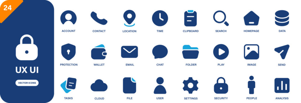 UX UI icon. Containing contact, account, security, task, email, wallet. Solid vector icon set.