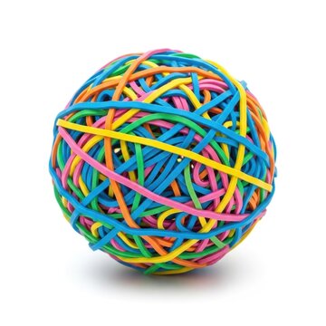 Colorful rubber band ball made of many multi colored elastic bands isolated on white back.