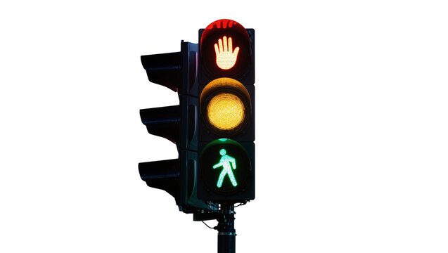 Traffic signal with red hand and green walking man icons, isolated on transparent background