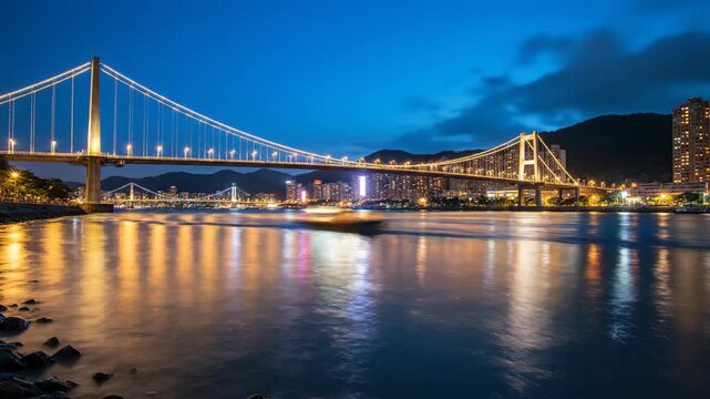 Panoramic view of a large suspension bridge over a body of water at dusk with city lights reflecting on the water surface