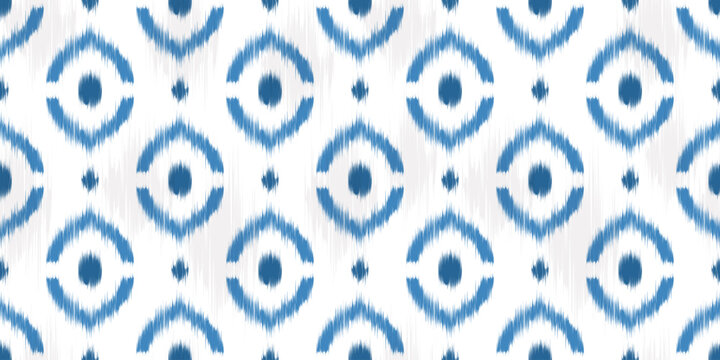 Ikat seamless pattern with abstract ethnic geometric motif. Vector rug textured print with rhombus ornament. Watercolor and woven effect background