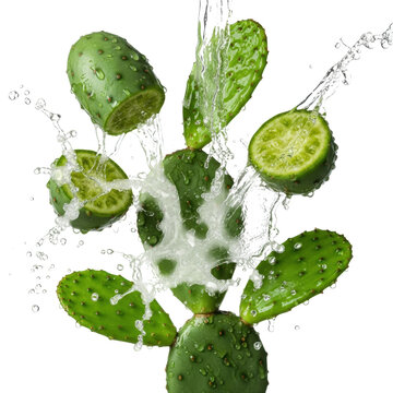 vibrant emerald green prickly pear cactus sections exploding with crystal clear water splashes, macro shot against a transparent background, concept of natural hydration and vitality