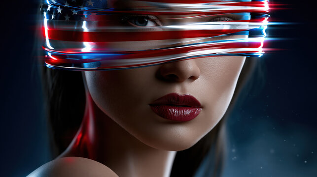 Woman portrait flag blindfold patriotic concept surreal art style glossy light effect beauty makeup emotional mood freedom metaphor dark background creative design elegant female