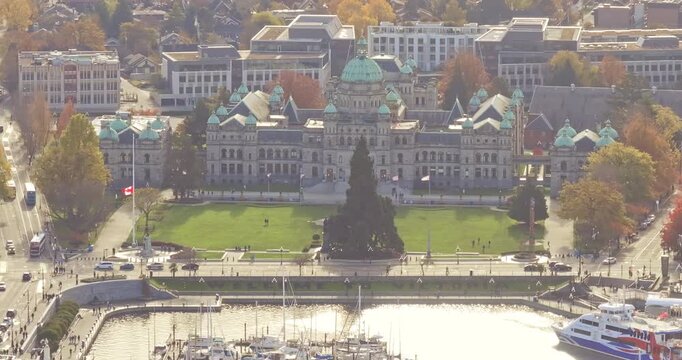 Aerial view of BC Legislative Parliament Building near harbor in Victoria, British Columbia, Canada