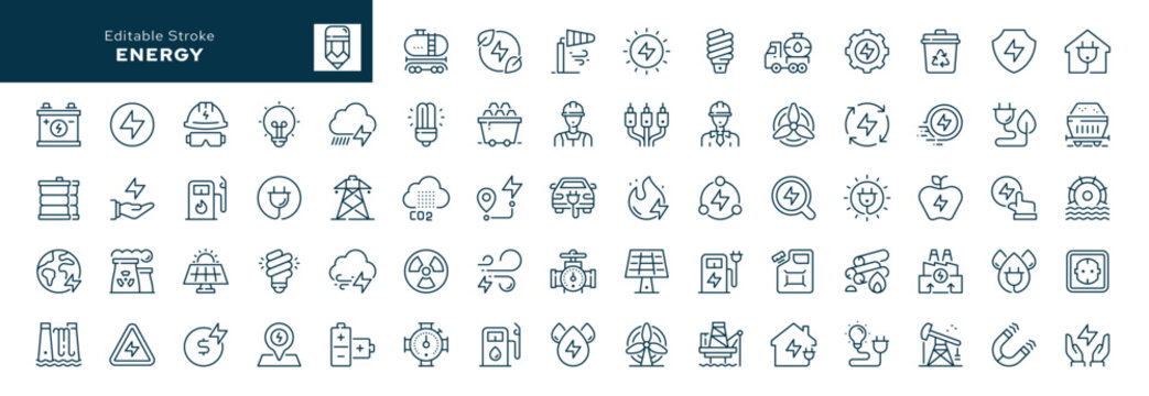 Energy outline icons set. Power, energy resources, fuel; electricity; energy of the sun, water and wind. Line icon in linear style. Vector collection