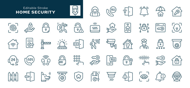 Home security and protection outline icons set.Alarm system, locking, smart home, lock and key. Line icon in linear style. Vector collection	