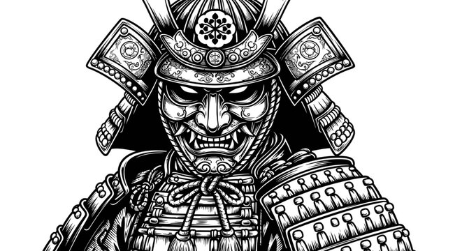 Intricate black and white illustration of a samurai warrior in armor