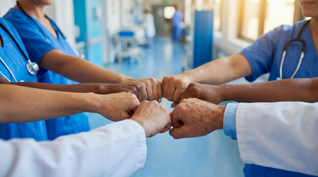 Close up of medical team in scrubs fist bumping in hospital for healthcare teamwork concept