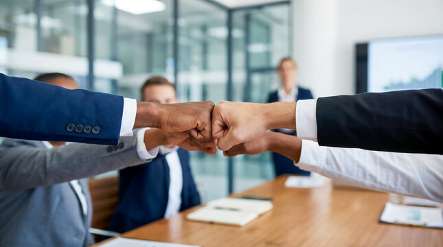 Close up of diverse business team fist bumping in modern corporate office for success concept