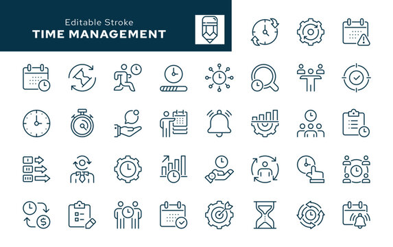 Time management outline icons set. Manage time, planner, timer, schedule, to-do list, task, reminder, deadline, calendar and more. Line icon in linear style. Vector collection	