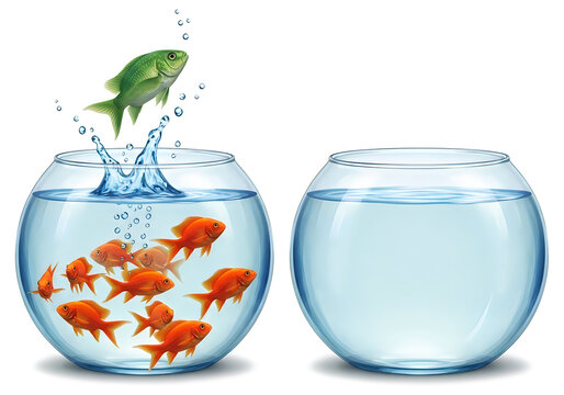 Goldfish swimming in glass fishbowls with water splash and green frog jumping between