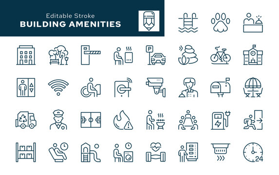 Building amenities outline icons. Facilities, elevator, parking, security, concierge, reception, gym, spa, lounge area and more. Line icon in linear style. Vector collection	