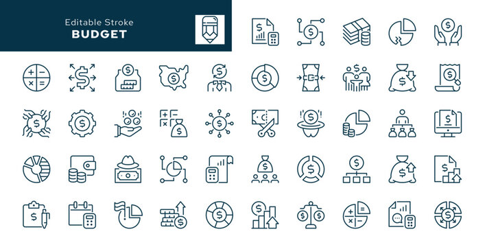 Budget outline icons set. Financing, accounting, distribution of funds, budget sequestration, allocation of money and more. Line icon in linear style. Vector collection	