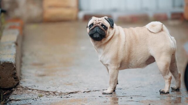 Cute pug barking and walking around wet backyard outdoors after rain in residential area during daytime