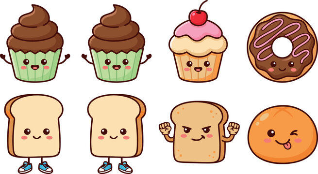 Cute cartoon bakery bread slices and sweet dessert cupcake character mascot set isolated on white background
