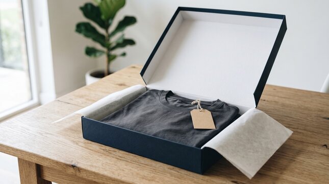 A mockup of a black shirt in an open gift box on a wooden table indoors.