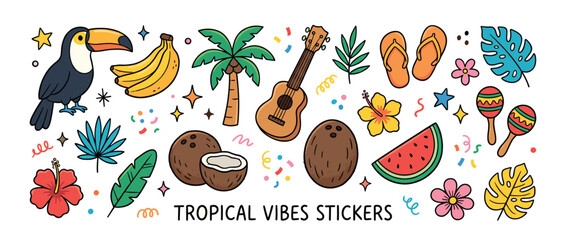 Obraz premium Colorful hand-drawn tropical vacation elements including toucan, palm tree, and fruits, creating a vibrant summer sticker collection on a white background