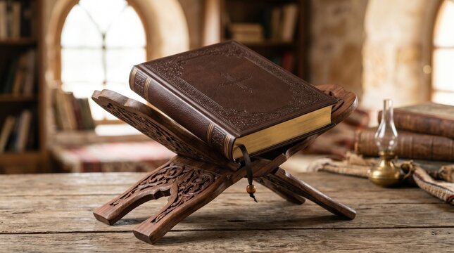 Traditional old book mockup on a decorative wooden rehal stand in a classic library setting, ideal for spiritual and cultural content display