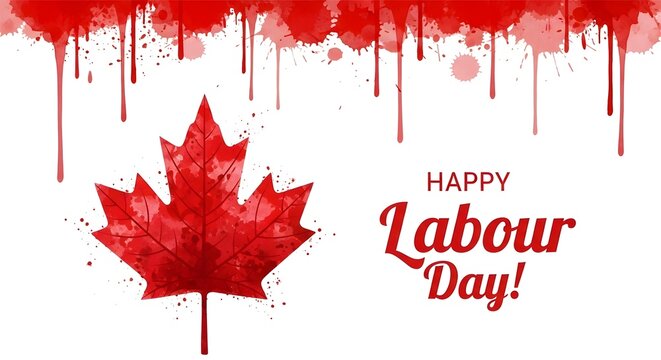 Happy labour day greeting card with watercolor maple leaf