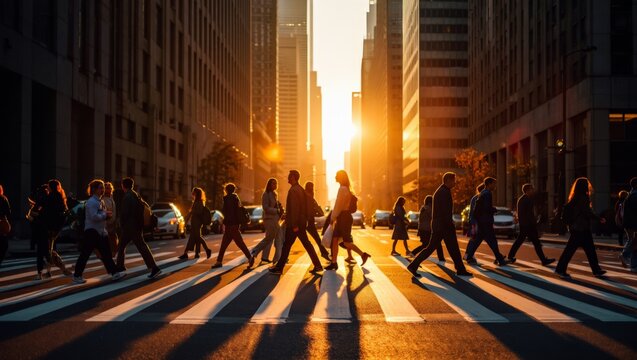 Spectacular golden-hour shot of a large crowd of silhouetted pedestrians crossing a broad city intersection framed by glass skyscrapers, with blazing golden sunset light flooding the urban canyon.