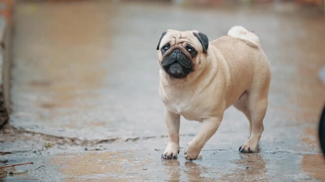 Cute pug barking and walking around wet backyard outdoors after rain in residential area during daytime